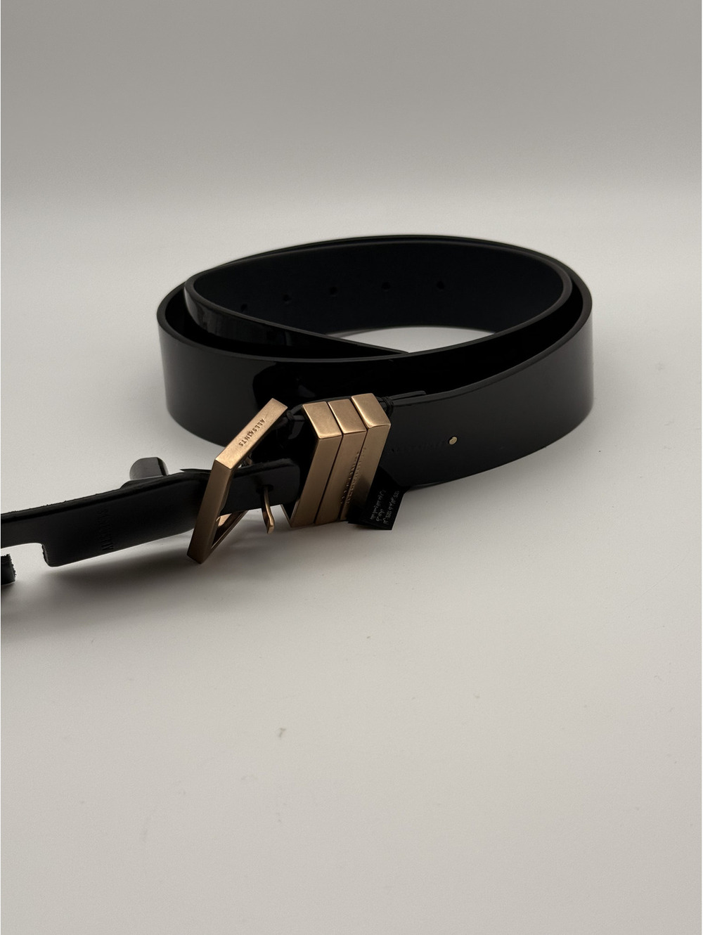 AllSaints Black Patent Leather Belt with Gold Metal Buckle,